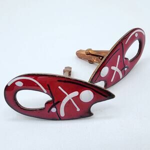 Mid Century Modern Red Enamel Copper Cufflinks Abstract Atomic Design MCM Artist